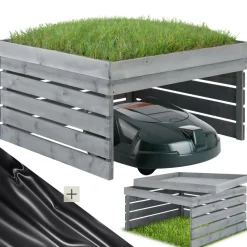 ® Rasenmäher-Roboter-Garage , gebeizte Kiefernlatten, wetterfest, Dach zum Bepflanzen, 84 x 78 x 46 cm ^ TecTake New