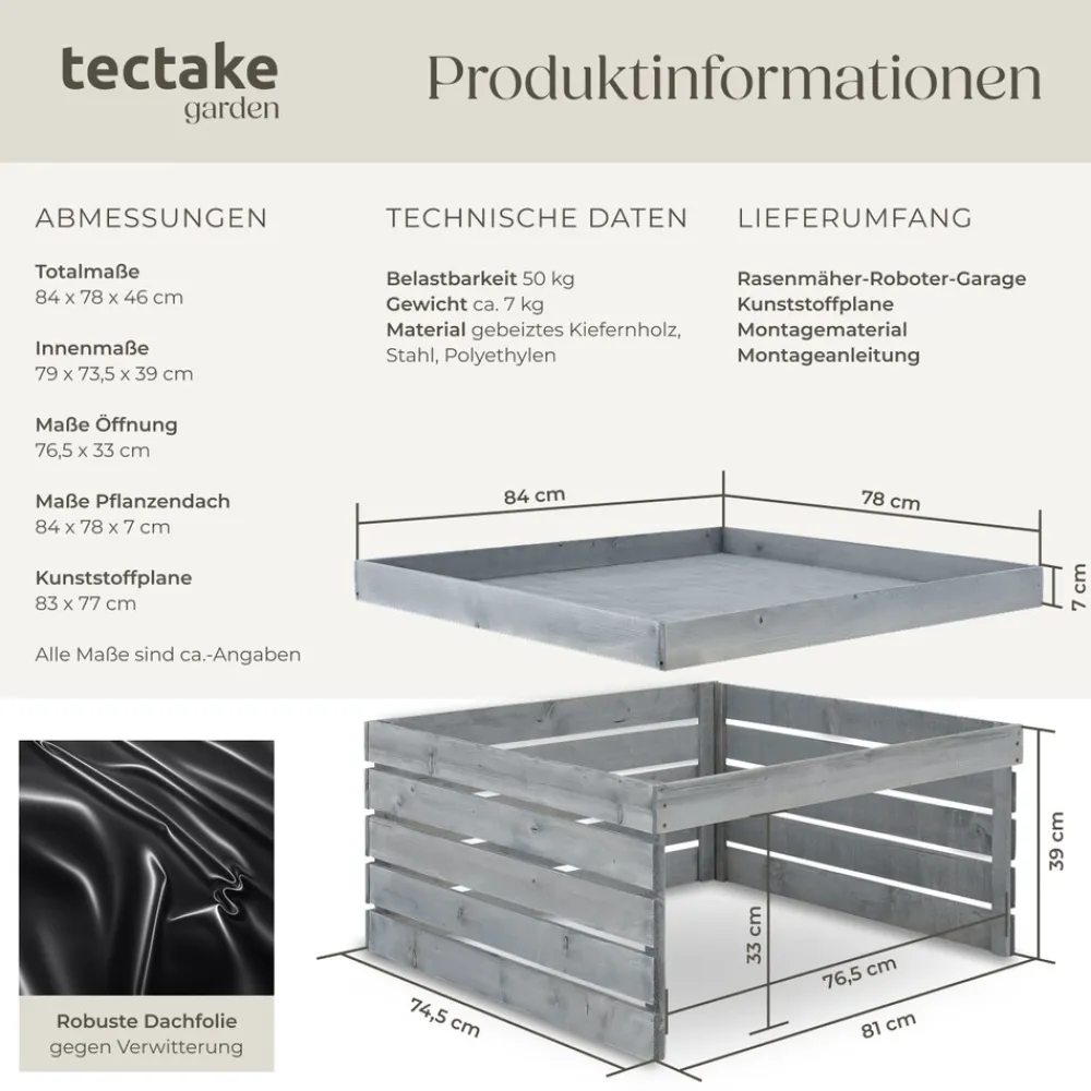 ® Rasenmäher-Roboter-Garage , gebeizte Kiefernlatten, wetterfest, Dach zum Bepflanzen, 84 x 78 x 46 cm ^ TecTake New