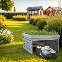 ® Rasenmäher-Roboter-Garage , gebeizte Kiefernlatten, wetterfest, Dach zum Bepflanzen, 84 x 78 x 46 cm ^ TecTake New