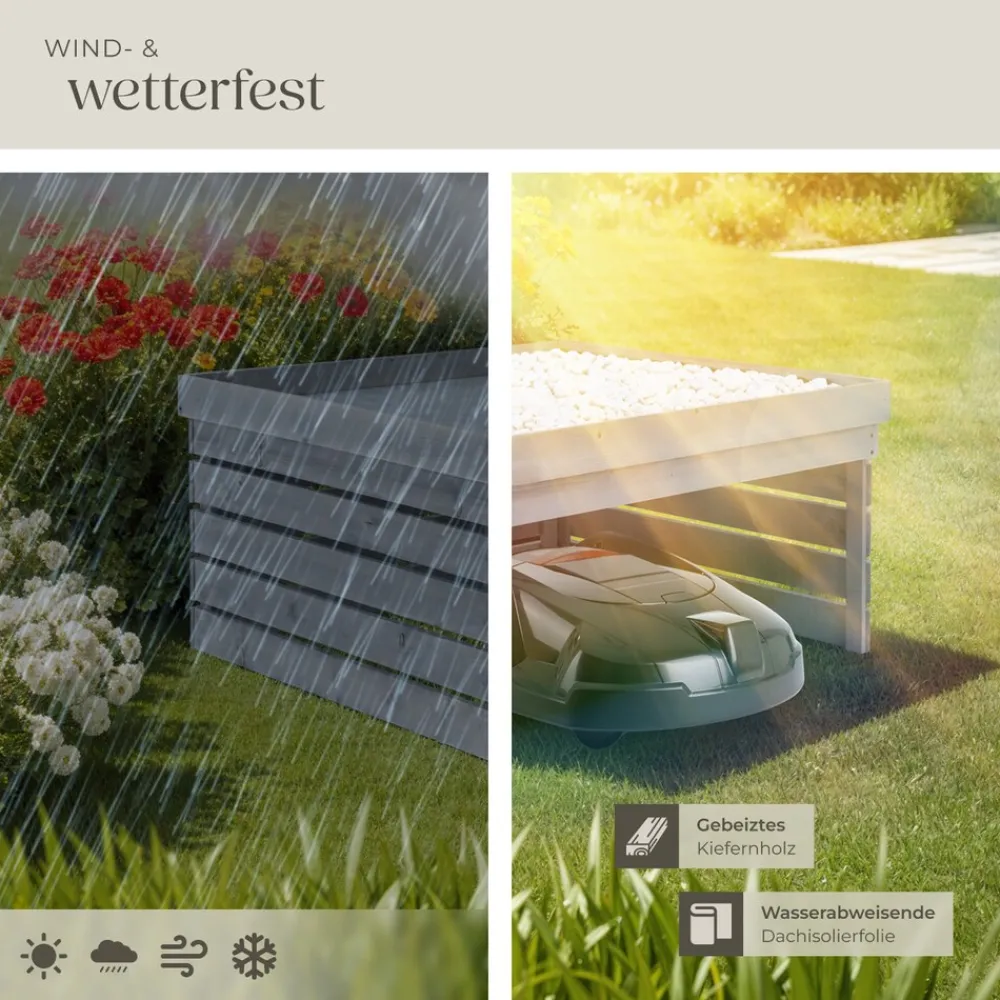 ® Rasenmäher-Roboter-Garage , gebeizte Kiefernlatten, wetterfest, Dach zum Bepflanzen, 84 x 78 x 46 cm ^ TecTake New