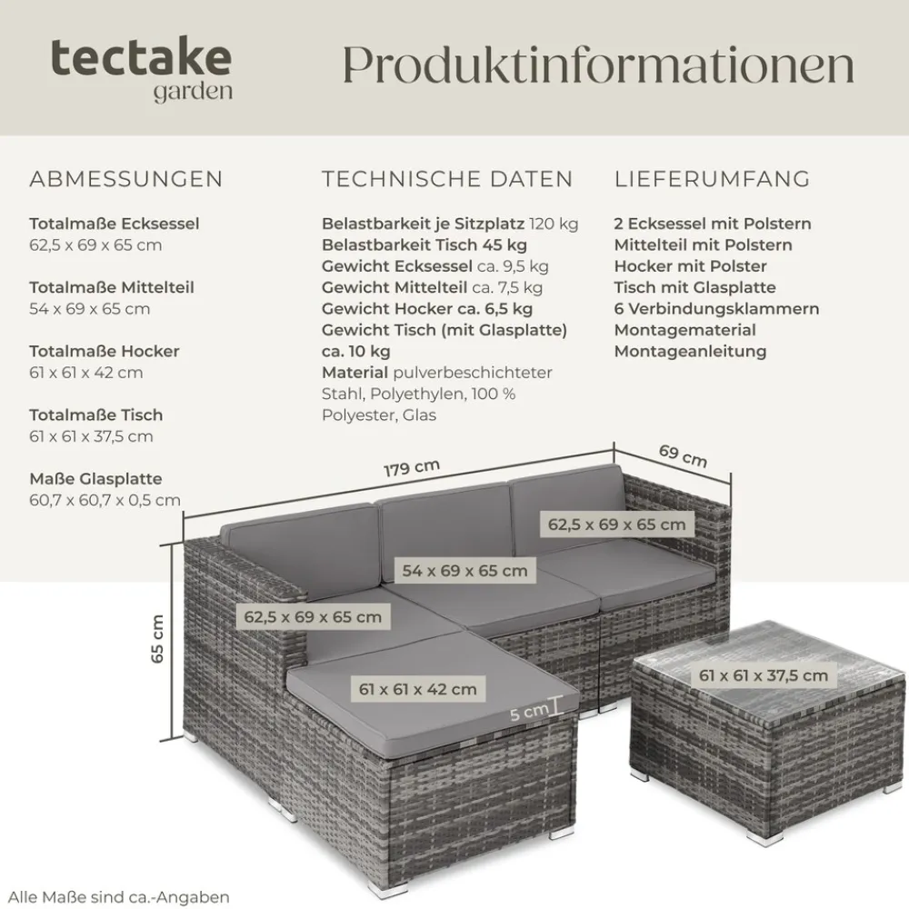 TecTake ® Rattan Lounge, für 3 bis 4 Personen, UV-beständig, variabel aufstellbar grau Outlet