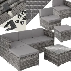 TecTake ® Rattan Lounge, für 3 bis 4 Personen, UV-beständig, variabel aufstellbar grau Outlet