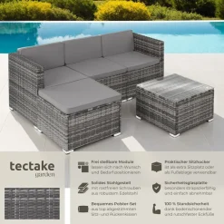 TecTake ® Rattan Lounge, für 3 bis 4 Personen, UV-beständig, variabel aufstellbar grau Outlet