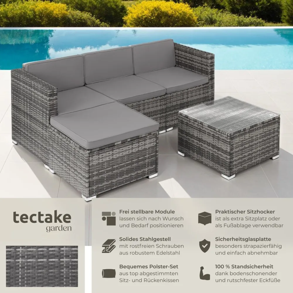 TecTake ® Rattan Lounge, für 3 bis 4 Personen, UV-beständig, variabel aufstellbar grau Outlet