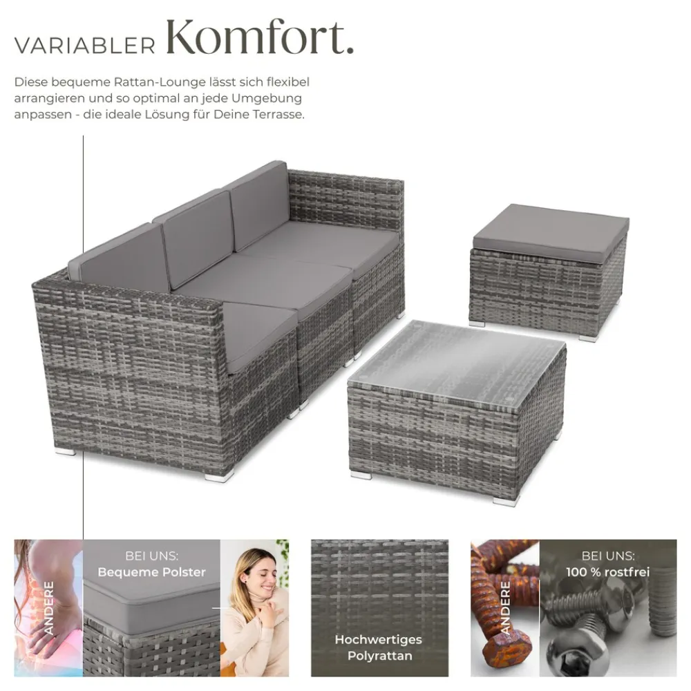 TecTake ® Rattan Lounge, für 3 bis 4 Personen, UV-beständig, variabel aufstellbar grau Outlet