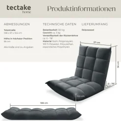 TecTake ® Relaxsessel , 2 in 1 als Sessel oder Liege, gepolstert, mit Samtbezug, stabiles Stahlgestell, 108 x 57 x 13,5 cm grau