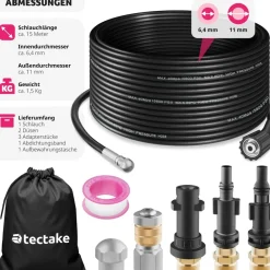 TecTake ® Rohrreinigungsschlauch-Set, 8-teilig, in 2 Größen, 3 Adapterstücke, inkl. Aufbewahrungsbeutel Sale