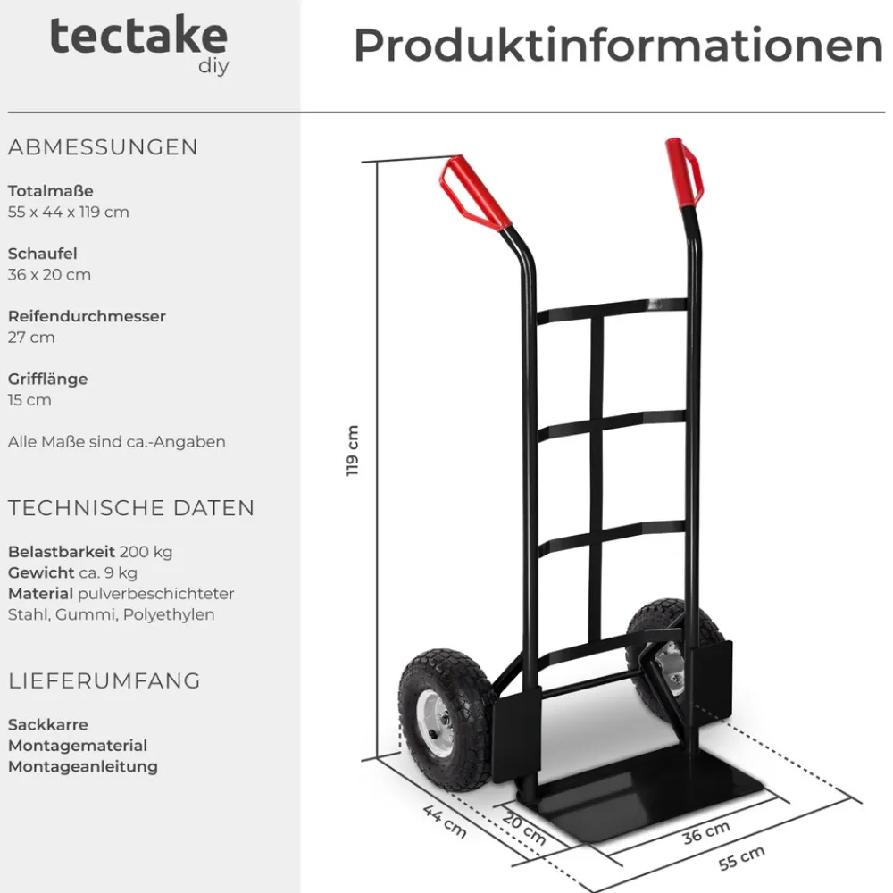 TecTake ® Sackkarre, mit Stahlrahmen, Ladeschaufel mit Radschutz, Belastbarkeit 200 kg schwarz Best