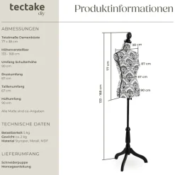 TecTake ® Schneiderpuppe, Torso, aus Schaumstoff, höhenverstellbar, 133 - 168 cm weiß Outlet