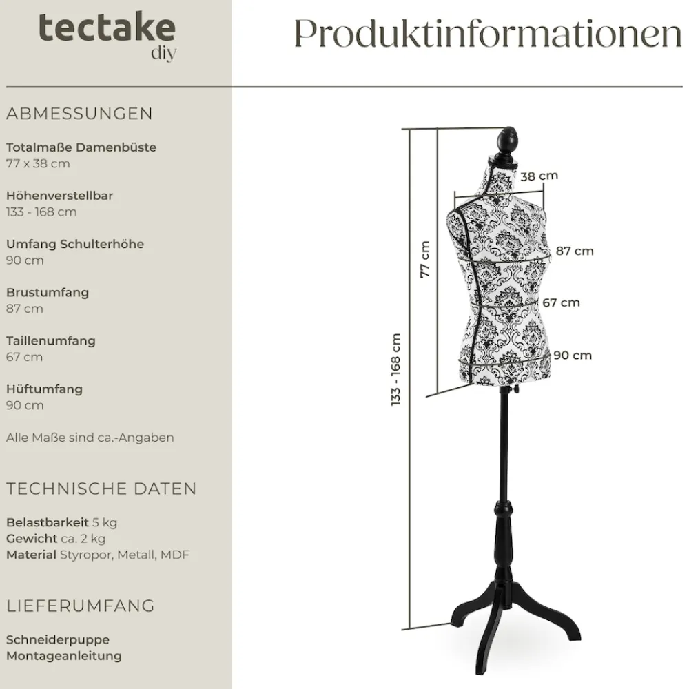TecTake ® Schneiderpuppe, Torso, aus Schaumstoff, höhenverstellbar, 133 - 168 cm weiß Outlet