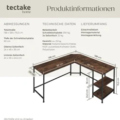 TecTake ® Schreibtisch, Industrial Style, Seitenregal mit 2 Ablagefächern, 138 x 138 x 75,5 cm Industrial Holz dunkel, rustikal New