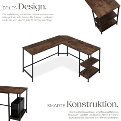 TecTake ® Schreibtisch, Industrial Style, Seitenregal mit 2 Ablagefächern, 138 x 138 x 75,5 cm Industrial Holz dunkel, rustikal New
