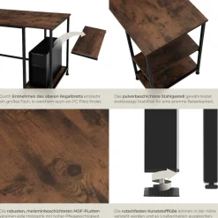 TecTake ® Schreibtisch, Industrial Style, Seitenregal mit 2 Ablagefächern, 138 x 138 x 75,5 cm Industrial Holz dunkel, rustikal New