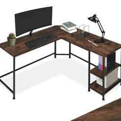 TecTake ® Schreibtisch, Industrial Style, Seitenregal mit 2 Ablagefächern, 138 x 138 x 75,5 cm Industrial Holz dunkel, rustikal New