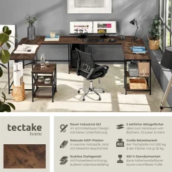 TecTake ® Schreibtisch, Industrial Style, Seitenregal mit 2 Ablagefächern, 138 x 138 x 75,5 cm Industrial Holz dunkel, rustikal New