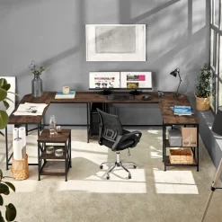 TecTake ® Schreibtisch, Industrial Style, Seitenregal mit 2 Ablagefächern, 138 x 138 x 75,5 cm Industrial Holz dunkel, rustikal New