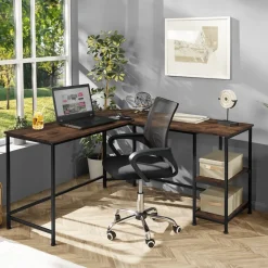 TecTake ® Schreibtisch, Industrial Style, Seitenregal mit 2 Ablagefächern, 138 x 138 x 75,5 cm Industrial Holz dunkel, rustikal New