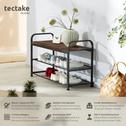 TecTake ® Schuhregal, Industrial Style, Ablage und 2 Gitterablagen, 91 x 36 x 55 cm Industrial Holz dunkel, rustikal Discount