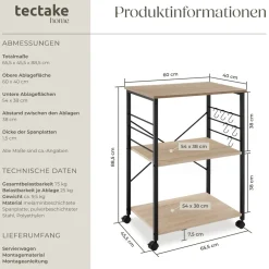 TecTake ® Servierwagen, Industrial Style, mit 3 Ebenen, inklusive 6 Haken, 65,5 x 45,5 x 88,5 cm Industrial Holz dunkel, rustikal Outlet