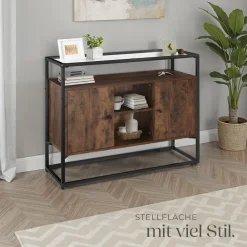 TecTake ® Sideboard, Industrial Style, Glasplatte, offenes Fach, 2 Staufächer mit Magnettüren und 3 Einlegeböden, 100 x 38 x 80,5 cm Industrial Holz dunkel, rustikal