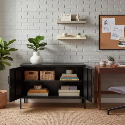 TecTake ® Sideboard, 2 Türen mit Magnetverschluss, einzeln abschließbar, pulverbeschichteter Stahl, Kippschutz, höhenverstellbare Füße schwarz Hot