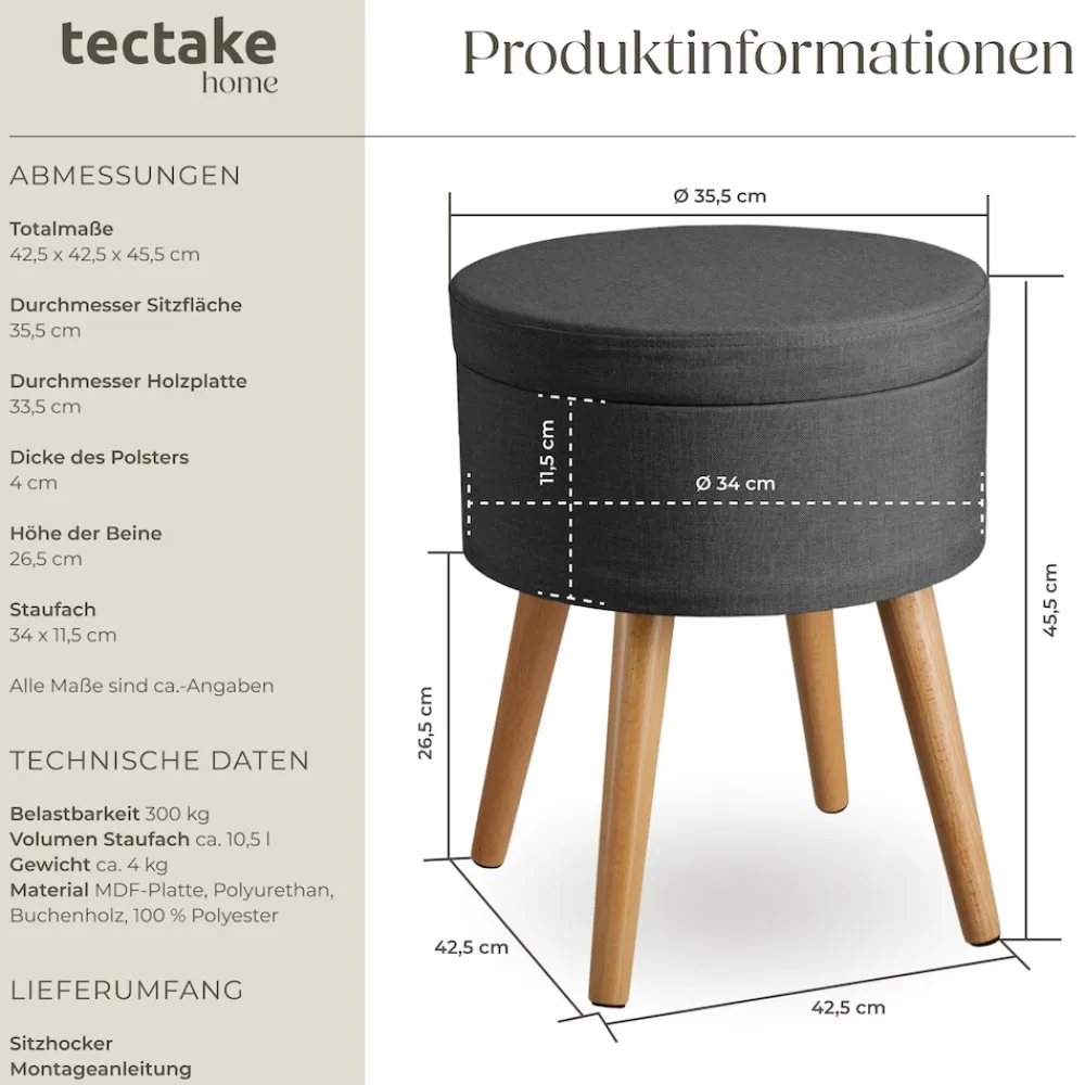 ® Sitzhocker mit Stauraum, rund, gepolstert, in Leinenoptik ^ TecTake Online