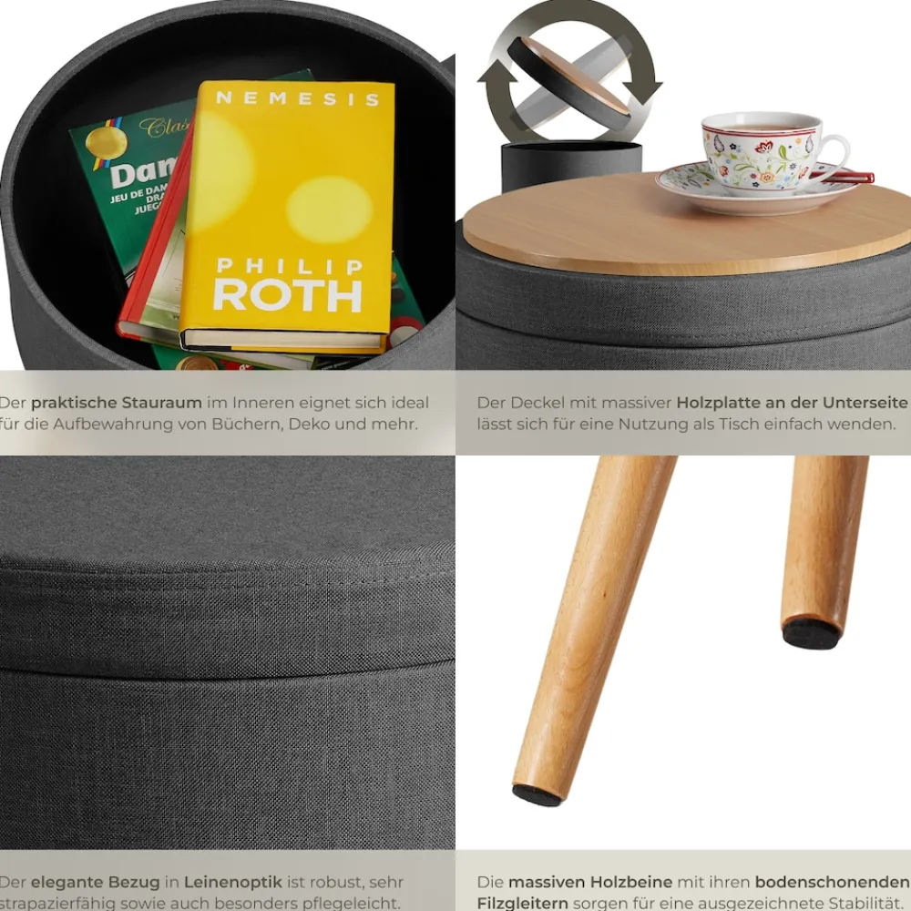 ® Sitzhocker mit Stauraum, rund, gepolstert, in Leinenoptik ^ TecTake Online