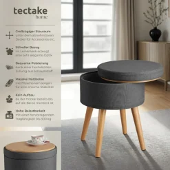 ® Sitzhocker mit Stauraum, rund, gepolstert, in Leinenoptik ^ TecTake Online