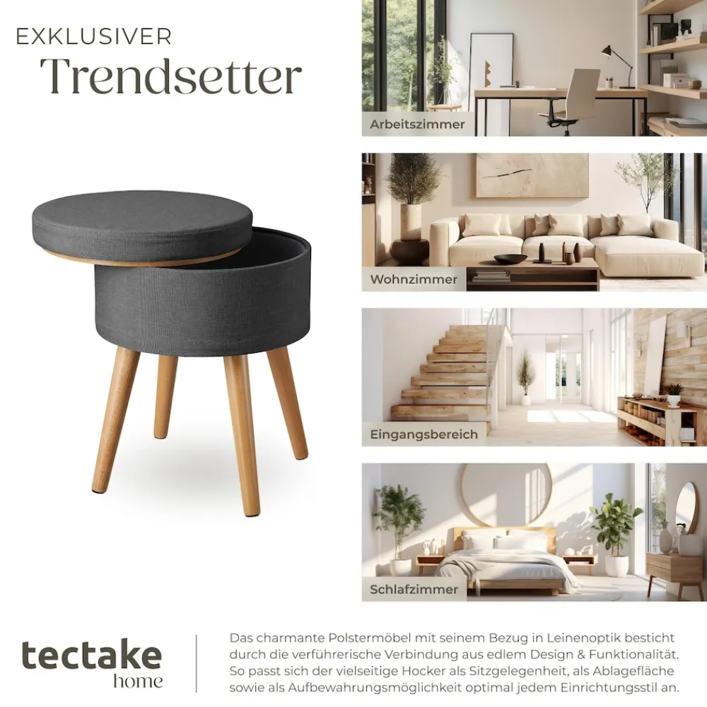 ® Sitzhocker mit Stauraum, rund, gepolstert, in Leinenoptik ^ TecTake Online