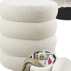 TecTake ® Sitzhocker mit Stauraum, rund, gepolstert, weicher, pflegeleichter Bezug Bouclé creme-weiß Best
