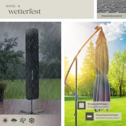 ® Sonnenschirm, 250 x 250 cm mit LED Solar-Beleuchtung, stufenlos verstellbarer Neigungswinkel, wasserabweisend, inkl. Windsicherung und Schutzhülle ^ TecTake Discount