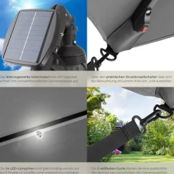 ® Sonnenschirm, 250 x 250 cm mit LED Solar-Beleuchtung, stufenlos verstellbarer Neigungswinkel, wasserabweisend, inkl. Windsicherung und Schutzhülle ^ TecTake Discount