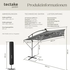 ® Sonnenschirm, 250 x 250 cm mit LED Solar-Beleuchtung, stufenlos verstellbarer Neigungswinkel, wasserabweisend, inkl. Windsicherung und Schutzhülle ^ TecTake Discount