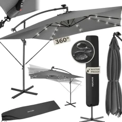 ® Sonnenschirm, 250 x 250 cm mit LED Solar-Beleuchtung, stufenlos verstellbarer Neigungswinkel, wasserabweisend, inkl. Windsicherung und Schutzhülle ^ TecTake Discount