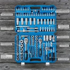 TecTake ® Steckschlüsselsatz, 171-teilig, 1/4, 3/8 und 1/2 Zoll, mit Kodierung und Kugelfangrille, übersichtliche Anordnung im Kunststoffkoffer Best
