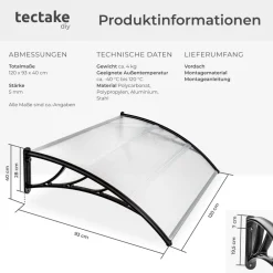 TecTake ® Vordach, in Bogenform, transparent und UV-beständig, 120 x 93 cm Clearance