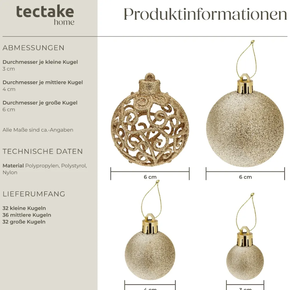 TecTake ® Weihnachtskugeln, 100er-Set in Gold, matt, glänzend und glitzernd, Durchmesser 3, 4 und 6 cm New