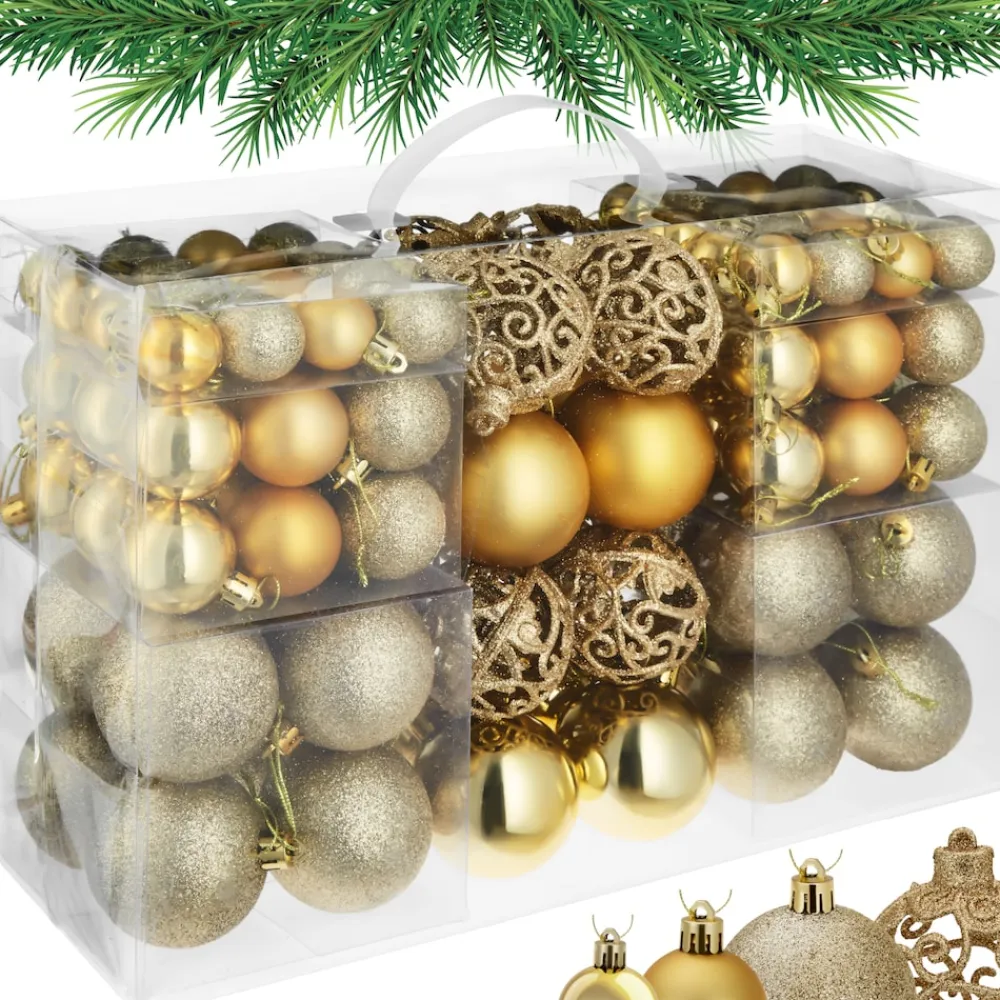 TecTake ® Weihnachtskugeln, 100er-Set in Gold, matt, glänzend und glitzernd, Durchmesser 3, 4 und 6 cm New