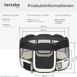 TecTake ® Welpenauslauf, faltbar, für Innen- und Außenbereich, 2 Eingänge und 6 Fenster, 115 x 115 x 64 cm, inklusive Tragetasche und Heringe schwarz Best