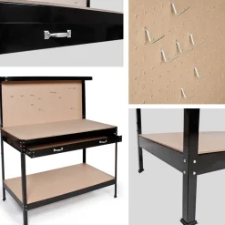 TecTake ® Werkbank, mit Lochwand, 12 Haken, 120 x 60 x 156 cm, Kunststoffkappen an den Füßen Hot