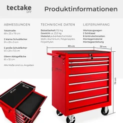 TecTake ® Werkzeugwagen, 7 kugelgelagerte Schubladen mit Antirutschmatten, zentrale Sicherheitsverriegelung, Rollen Ø 100 mm rot Discount