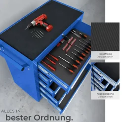 TecTake ® Werkzeugwagen, 5 kugelgelagerte Schubladen mit Antirutschmatten, zentrale Sicherheitsverriegelung, Rollen Ø 100 mm blau Discount