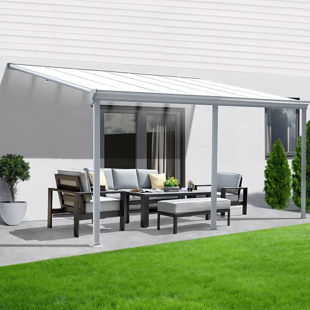 Terrassenüberdachung Aluminium 557 cm als Bausatz Sichtschienen und Hohlkammerplatten Weiß ^ Aileenstore Hot