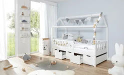 Hausbett "Traumhaus" mit 5er Schubkästen Kiefer Weiß ^ TICAA Hot