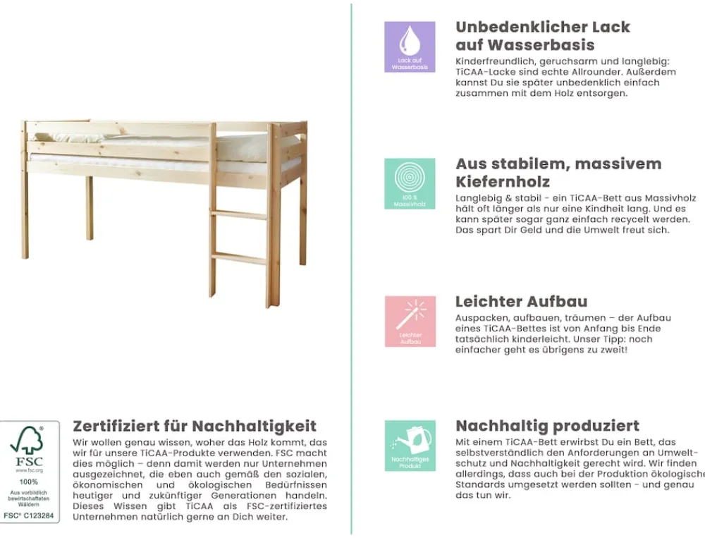 Hochbett "Malte" Kiefer Natur GOAL mit Vorhang ^ TICAA Online