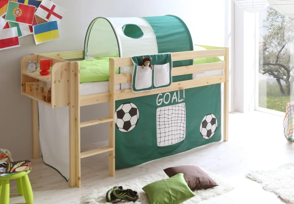 Hochbett "Malte" Kiefer Natur GOAL mit Vorhang ^ TICAA Online