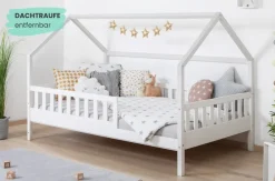 TICAA Kinderbett Hausbett "Kay" 120x200 Kiefer weiß für Jungen & Mädchen, inkl. Rolllattenrost, Rausfallschutz variabel, Montessori Bett weiß aus Kiefer Massivholz Best