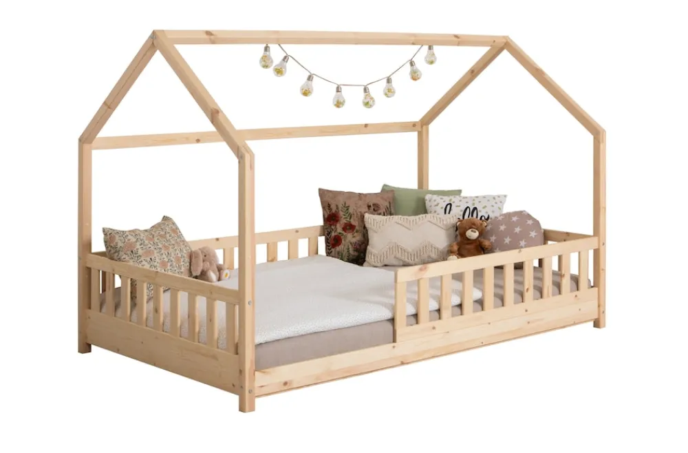 TICAA Kinderbett Hausbett "Kay" 90x200 Kiefer natur New
