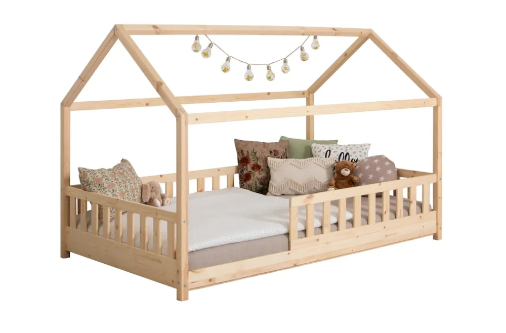 TICAA Kinderbett Hausbett "Kay" 90x200 Kiefer natur New