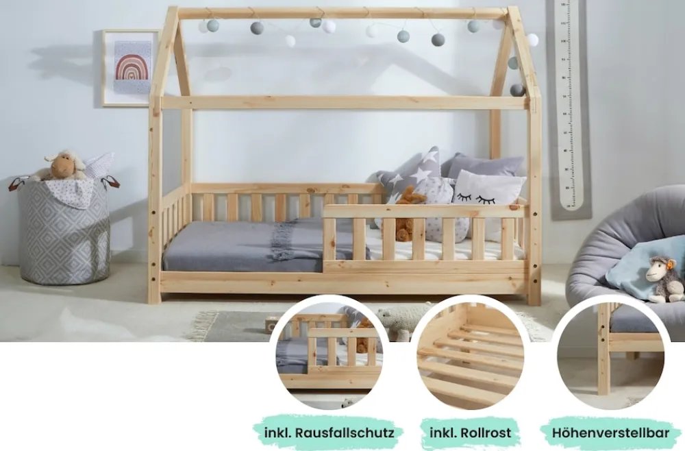 TICAA Kinderbett Hausbett "Kay" 80x160 Kiefer natur Clearance